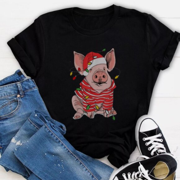 Christmas Pig Lights Gifts Shirt, Funny Christmas T-shirt - Picture 1 of 4